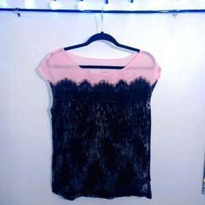 Forever21 Boutique Pink and Black Top with Eyelash Lace and Embellishments Sz M